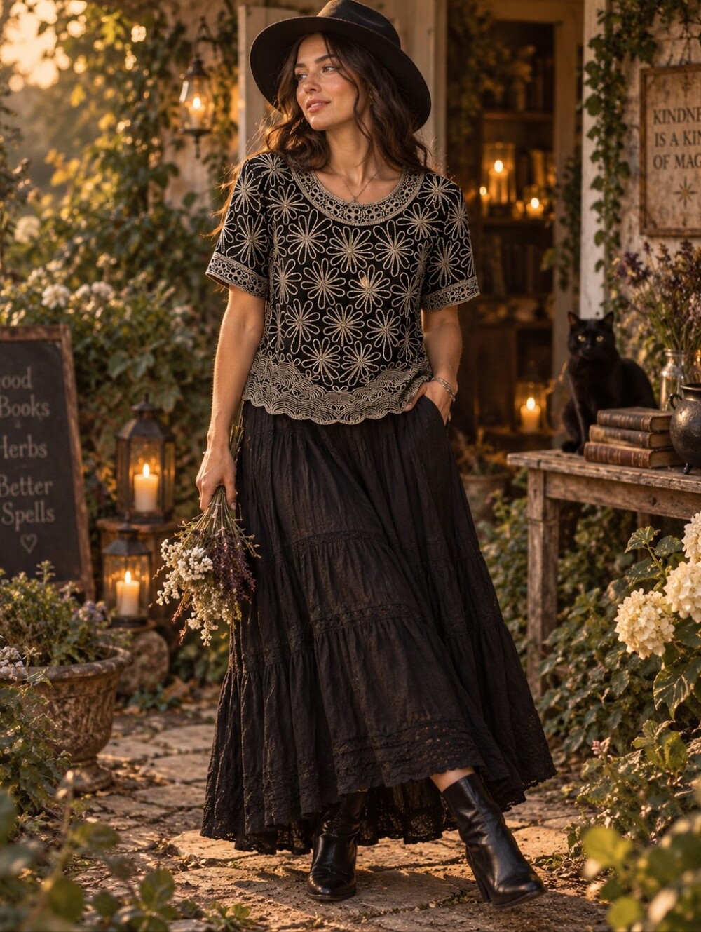 Black Embroidered Floral Blouse Practical Magic Dark Romantic Witchy Whimsy L